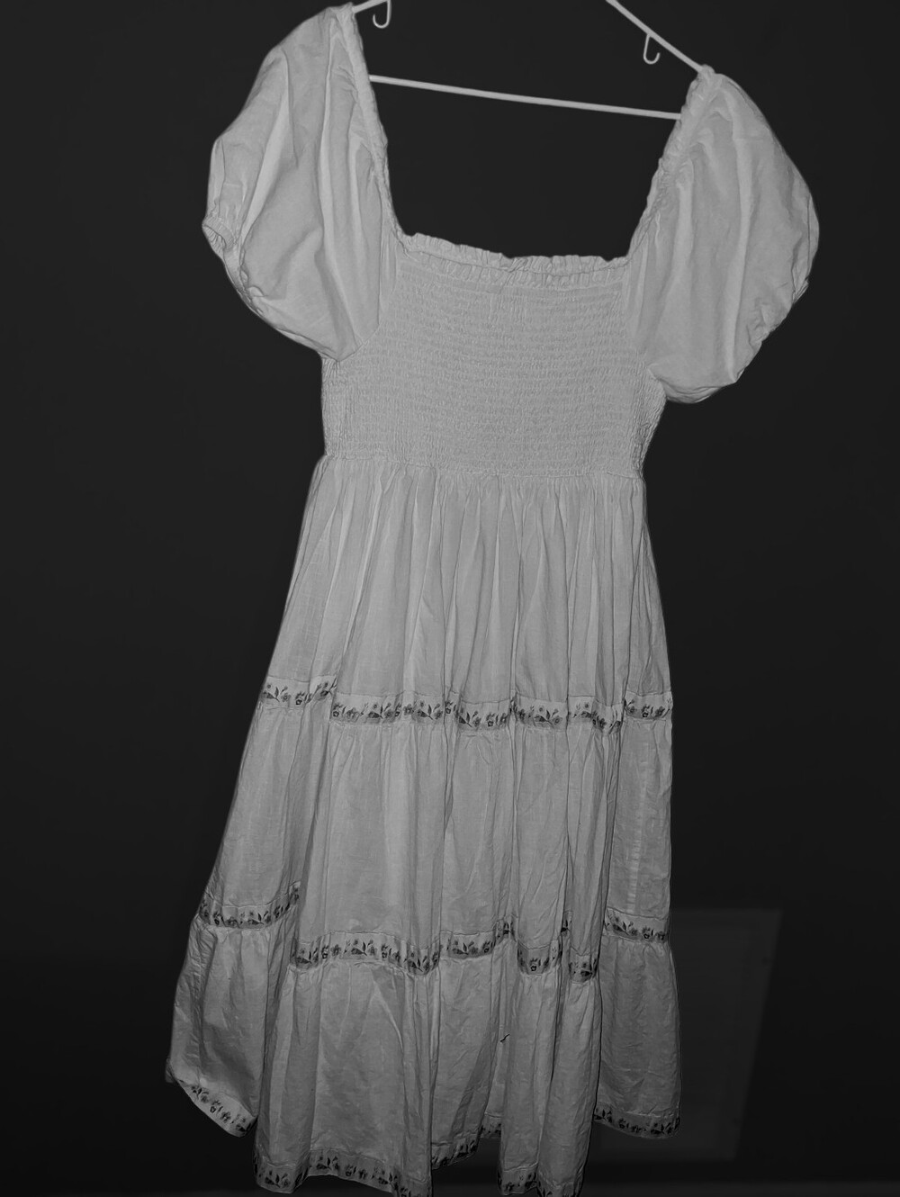 Rachel Zoe Smocked Puff Sleeve Tiered Maxi Dress Floral Boho Cotrage 14 Beach